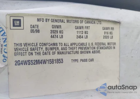 1998 Buick Century Custom from USA, damaged, VIN 2G4WS52M4W1581853